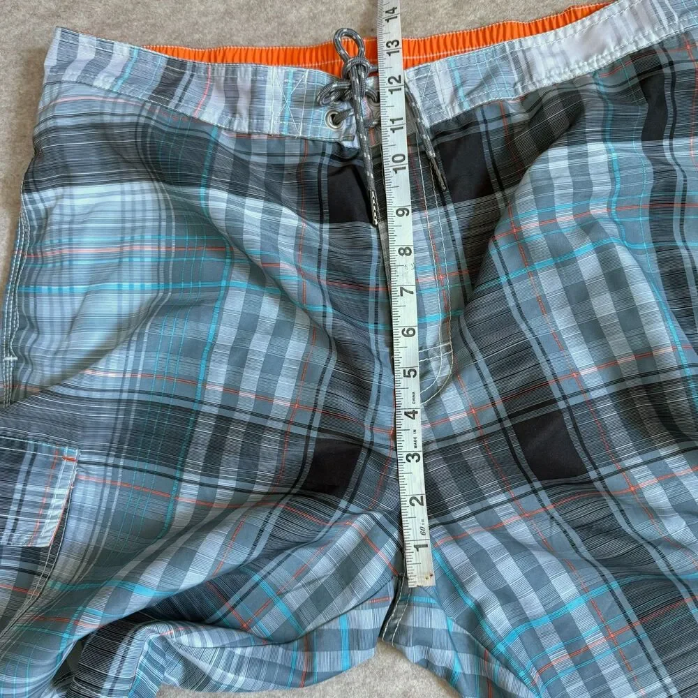 Tommy Bahama swim trunks mens L gray green plaid drawstring pocket lined beach